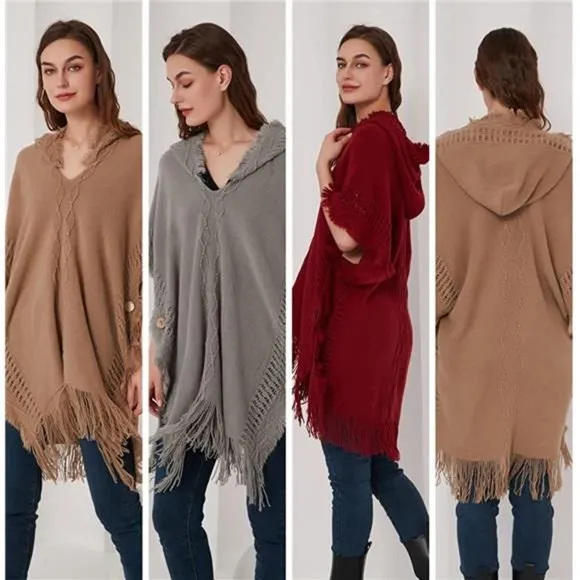 Women's Poncho Sweater Cozy Knit Burgundy