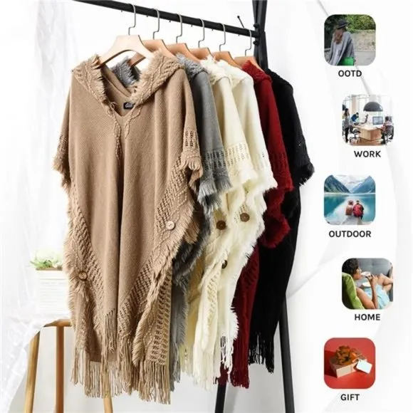 Women's Poncho Sweater Cozy Knit Burgundy