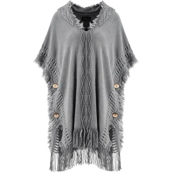 Women's Poncho Sweater Cozy Knit Grey