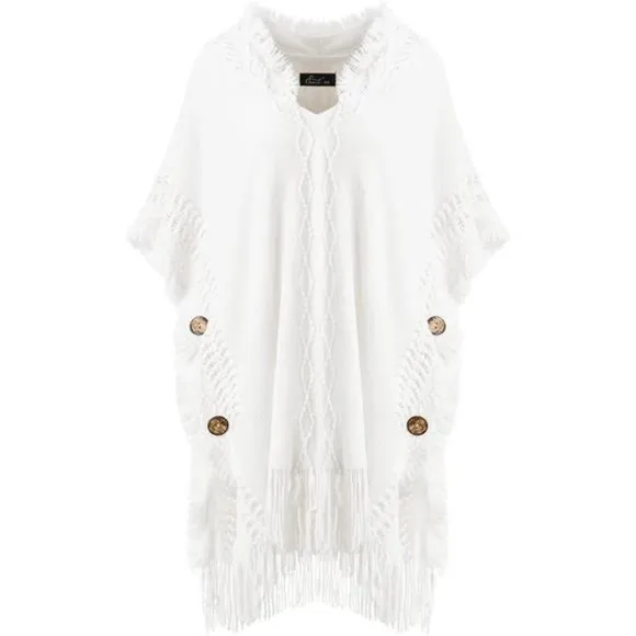 Women's Poncho Sweater Cozy Knit White