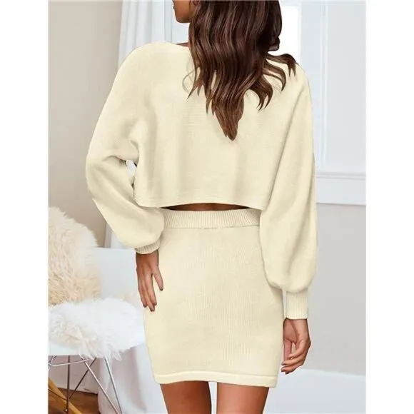 Women's Puff Sleeve 2 Piece Knit Crop Top Bodycon Skirt Set Sweater - Beige
