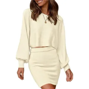 Women's Puff Sleeve 2 Piece Knit Crop Top Bodycon Skirt Set Sweater - Beige