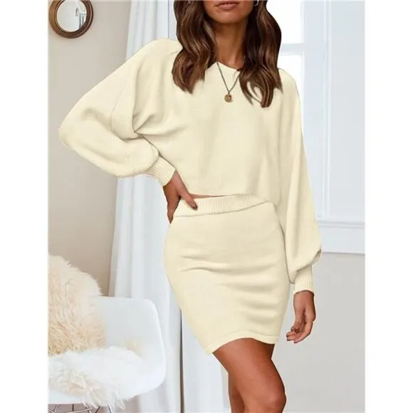 Women's Puff Sleeve 2 Piece Knit Crop Top Bodycon Skirt Set Sweater - Beige
