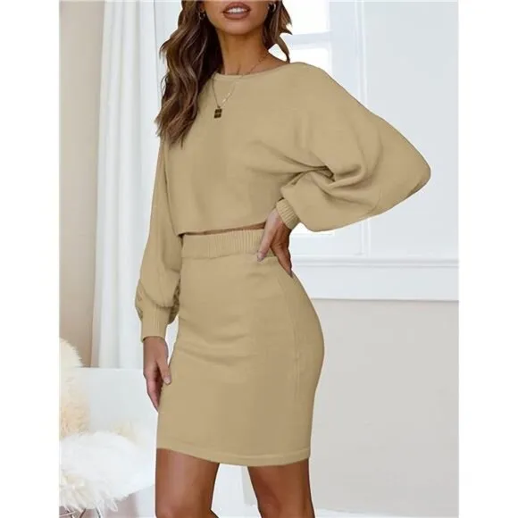Women's Puff Sleeve 2 Piece Knit Crop Top Bodycon Skirt Set Sweater - Khaki