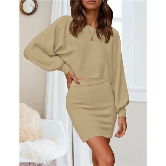 Women's Puff Sleeve 2 Piece Knit Crop Top Bodycon Skirt Set Sweater - Khaki