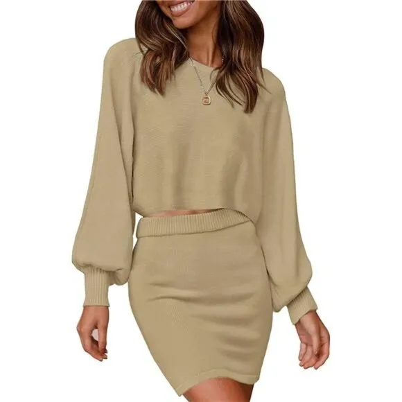 Women's Puff Sleeve 2 Piece Knit Crop Top Bodycon Skirt Set Sweater - Khaki