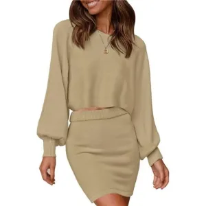 Women's Puff Sleeve 2 Piece Knit Crop Top Bodycon Skirt Set Sweater - Khaki