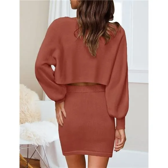 Women's Puff Sleeve 2 Piece Knit Crop Top Bodycon Skirt Set Sweater - Rust