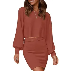 Women's Puff Sleeve 2 Piece Knit Crop Top Bodycon Skirt Set Sweater - Rust