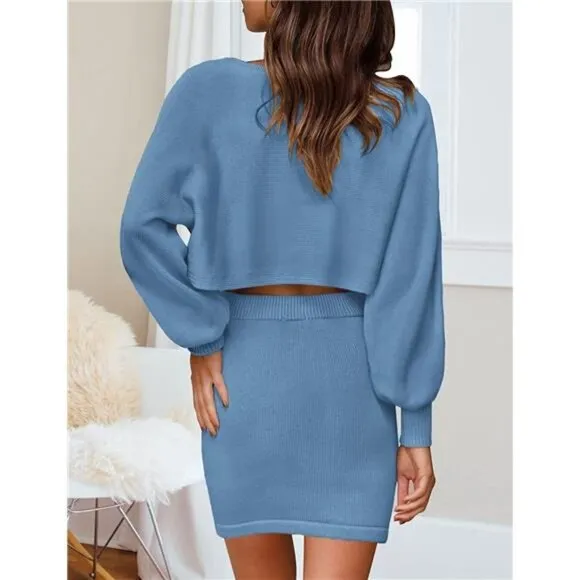Women's Puff Sleeve 2 Piece Knit Crop Top Bodycon Skirt Set Sweater