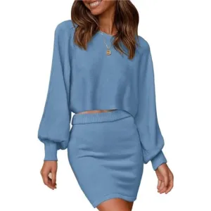 Women's Puff Sleeve 2 Piece Knit Crop Top Bodycon Skirt Set Sweater