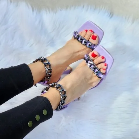 Womens Purple Ankle Strap Heels Chains Stiletto Sandals