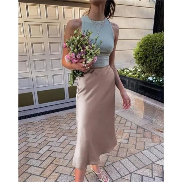 Womens Satin Skirts Zipper Elegant light Khaki