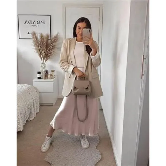 Womens Satin Skirts Zipper Elegant light Khaki