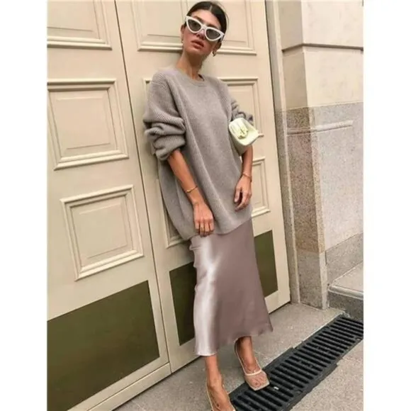 Womens Satin Skirts Zipper Elegant light Khaki