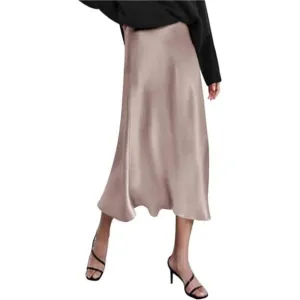 Womens Satin Skirts Zipper Elegant light Khaki