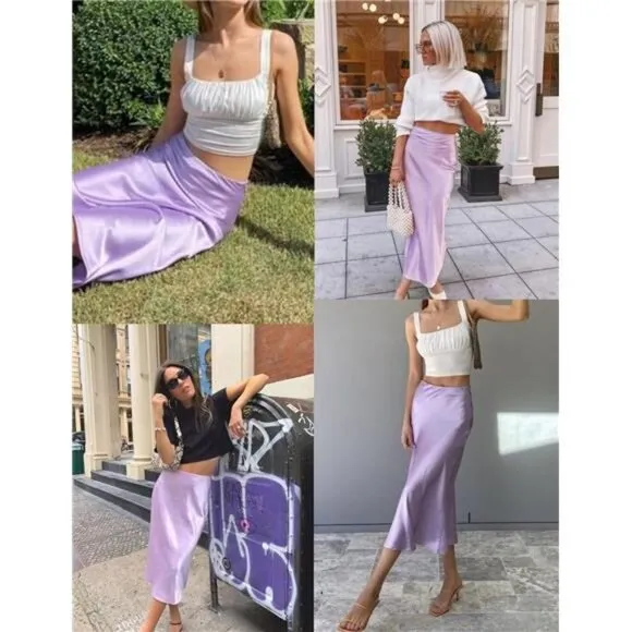 Womens Satin Skirts Zipper Elegant Violet