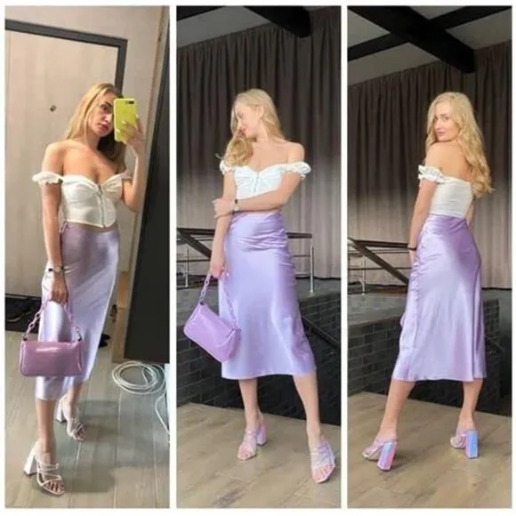 Womens Satin Skirts Zipper Elegant Violet