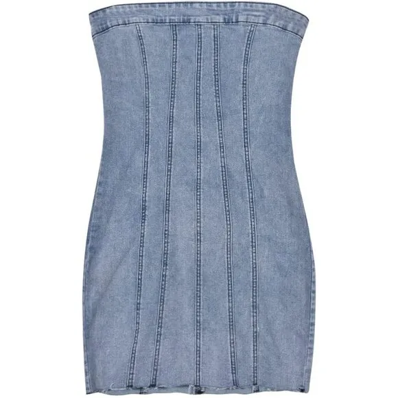 Women's Sexy Jeans Denim Strapless Dresses Bodycon Corset Tube Mini Dress