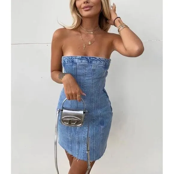 Women's Sexy Jeans Denim Strapless Dresses Bodycon Corset Tube Mini Dress