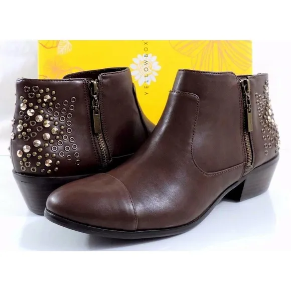 Women's Shoes Yellow Box OAK Ankle Boots Booties Studded Zip Brown Size 8.5