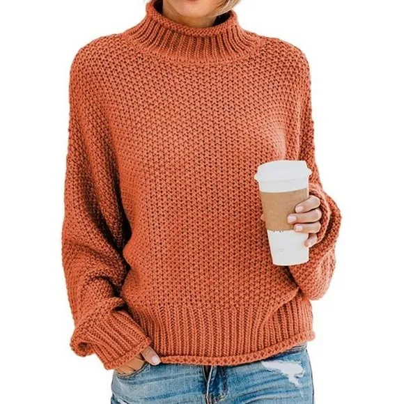WOMENS Turtleneck Sweaters Batwing - Solid Orange