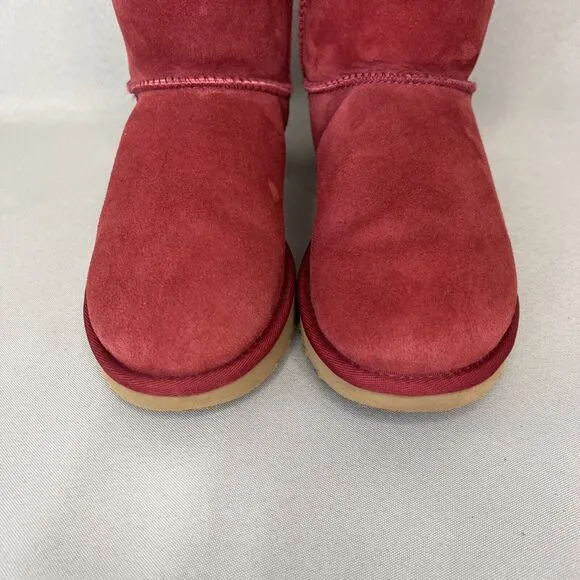 Womens Ugg Boots Sz 7 Bailey Bow Mini Burgundy Shearling Suede Wool Red Purplish