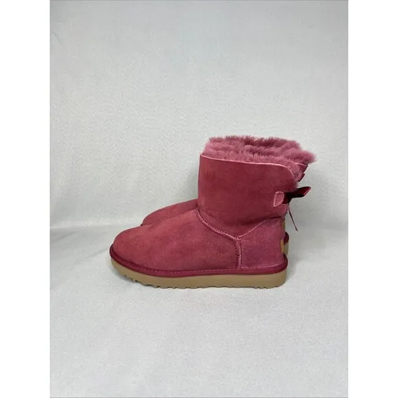 Womens Ugg Boots Sz 7 Bailey Bow Mini Burgundy Shearling Suede Wool Red Purplish