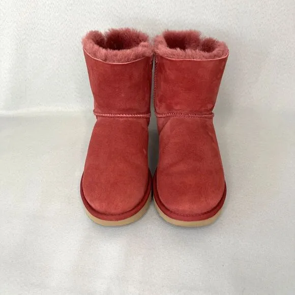 Womens Ugg Boots Sz 7 Bailey Bow Mini Burgundy Shearling Suede Wool Red Purplish
