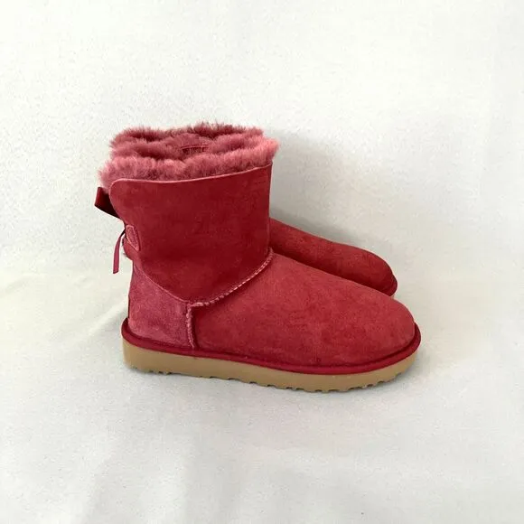 Womens Ugg Boots Sz 7 Bailey Bow Mini Burgundy Shearling Suede Wool Red Purplish