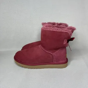 Womens Ugg Boots Sz 7 Bailey Bow Mini Burgundy Shearling Suede Wool Red Purplish