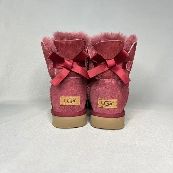 Womens Ugg Boots Sz 7 Bailey Bow Mini Burgundy Shearling Suede Wool Red Purplish