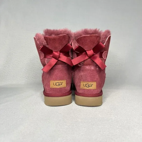 Womens Ugg Boots Sz 7 Bailey Bow Mini Burgundy Shearling Suede Wool Red Purplish