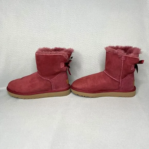 Womens Ugg Boots Sz 7 Bailey Bow Mini Burgundy Shearling Suede Wool Red Purplish
