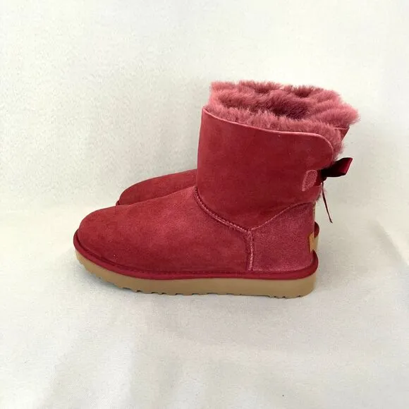 Womens Ugg Boots Sz 7 Bailey Bow Mini Burgundy Shearling Suede Wool Red Purplish