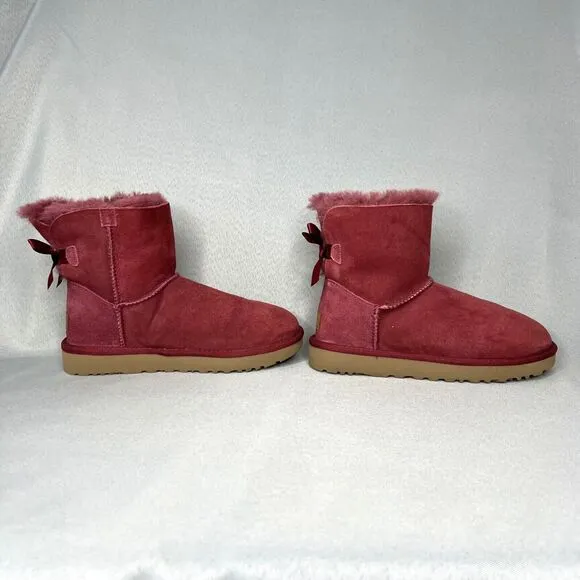 Womens Ugg Boots Sz 7 Bailey Bow Mini Burgundy Shearling Suede Wool Red Purplish