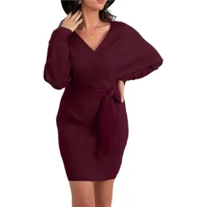 Women's V Neck Batwing Long Sleeve Sexy Wine Red