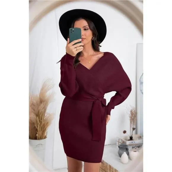 Women's V Neck Batwing Long Sleeve Sexy Wine Red