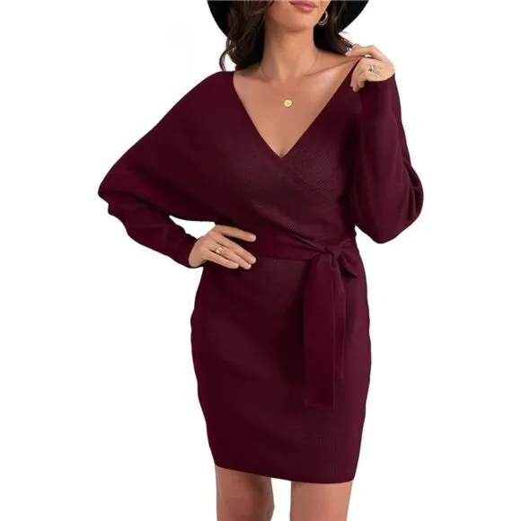 Women's V Neck Batwing Long Sleeve Sexy Wine Red