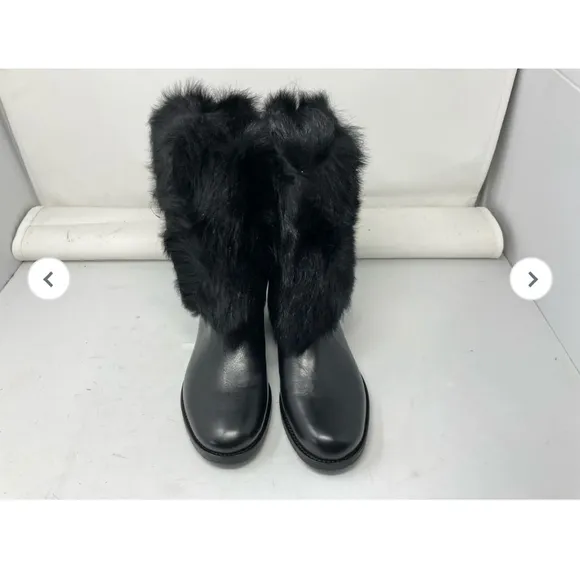 Women's Via Spiga Black Leather Fur Boots Size 7.5