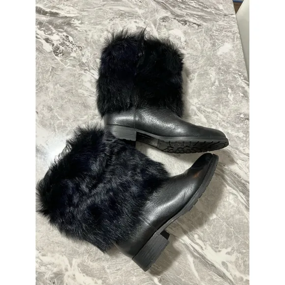 Women's Via Spiga Black Leather Fur Boots Size 7.5