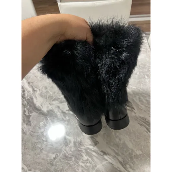 Women's Via Spiga Black Leather Fur Boots Size 7.5