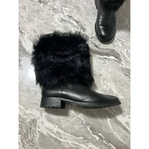 Women's Via Spiga Black Leather Fur Boots Size 7.5
