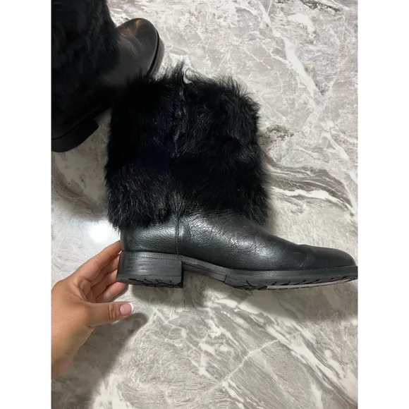 Women's Via Spiga Black Leather Fur Boots Size 7.5