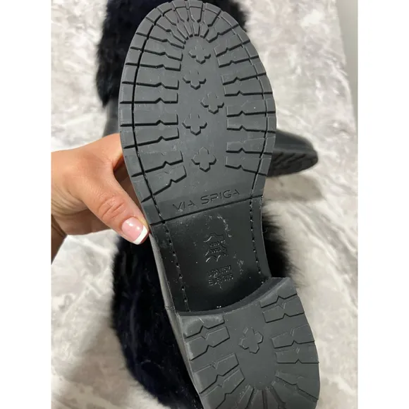 Women's Via Spiga Black Leather Fur Boots Size 7.5
