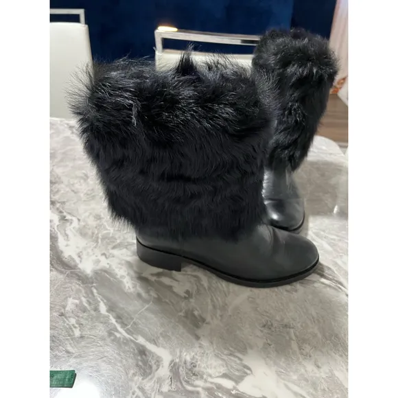 Women's Via Spiga Black Leather Fur Boots Size 7.5