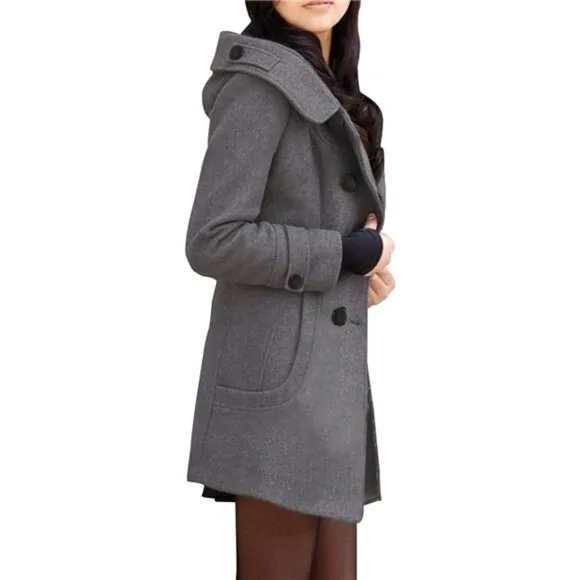 Women's Warm Double Breasted Wool Pea Coat Trench Coat Jacket with Hood