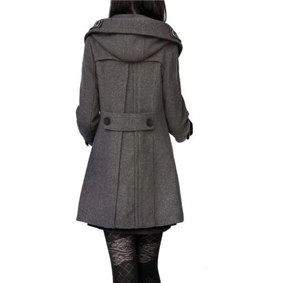Women's Warm Double Breasted Wool Pea Coat Trench Coat Jacket with Hood