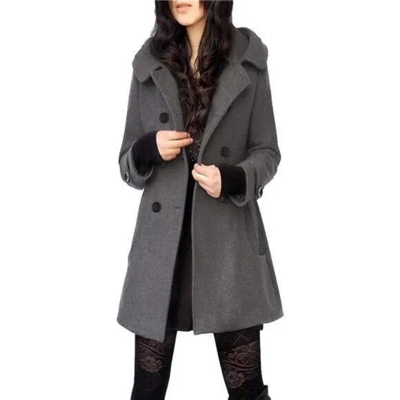 Women's Warm Double Breasted Wool Pea Coat Trench Coat Jacket with Hood