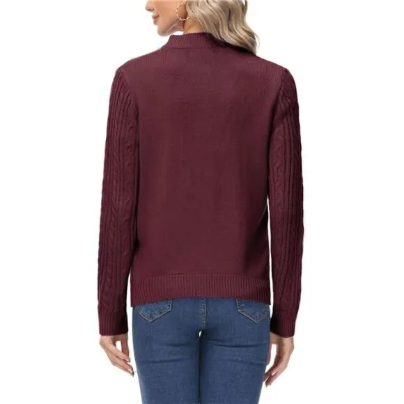 Women's Zip Up Cable Knit Sweater Burgundy